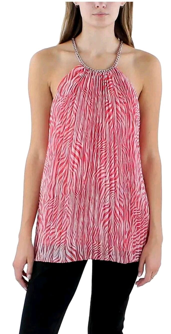 NWT Michael Kors Coral Zebra Print Chain Halter Top Sleeveless Size L